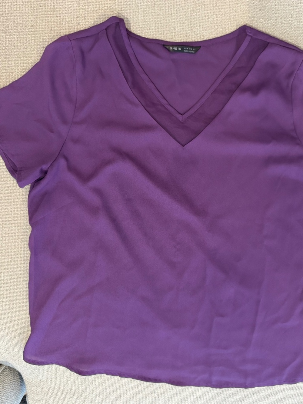 Purple Short Sleeve Sheer Mesh Insert V-Neck Top Medium